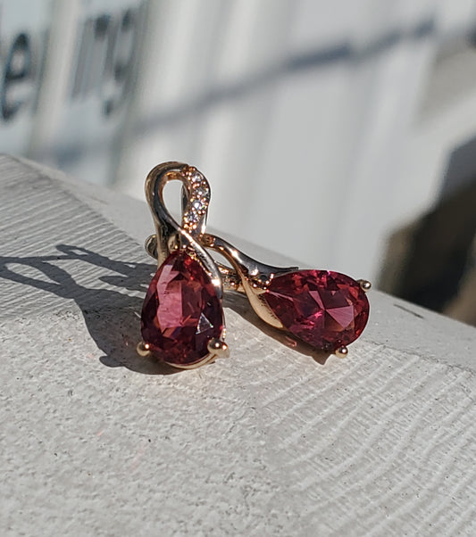 Stainless Steel Rose Vermeil Pear Shape Fushia Crystal Earrings
