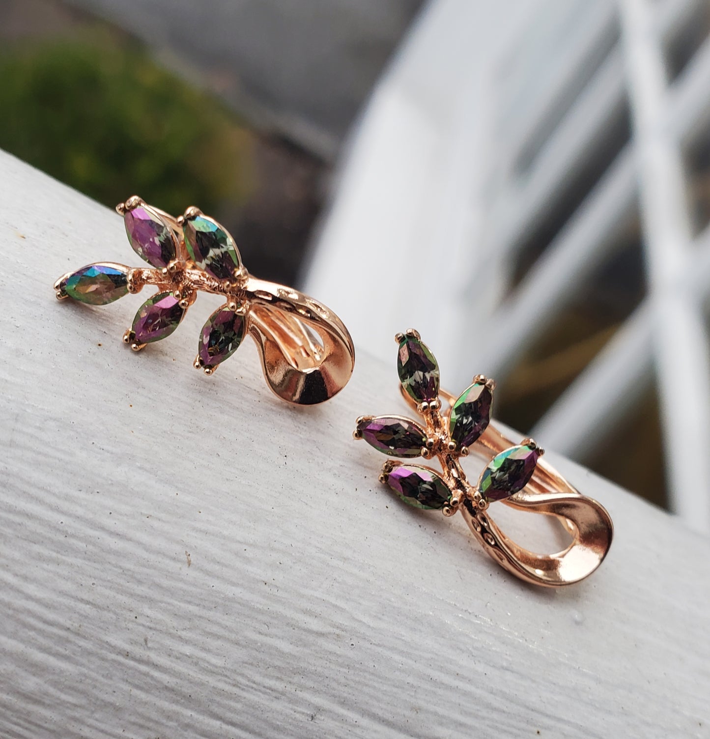 Stainless Steel Gold Plated Simulated Mystic Topaz Leaves Huggie Hoop Earrings