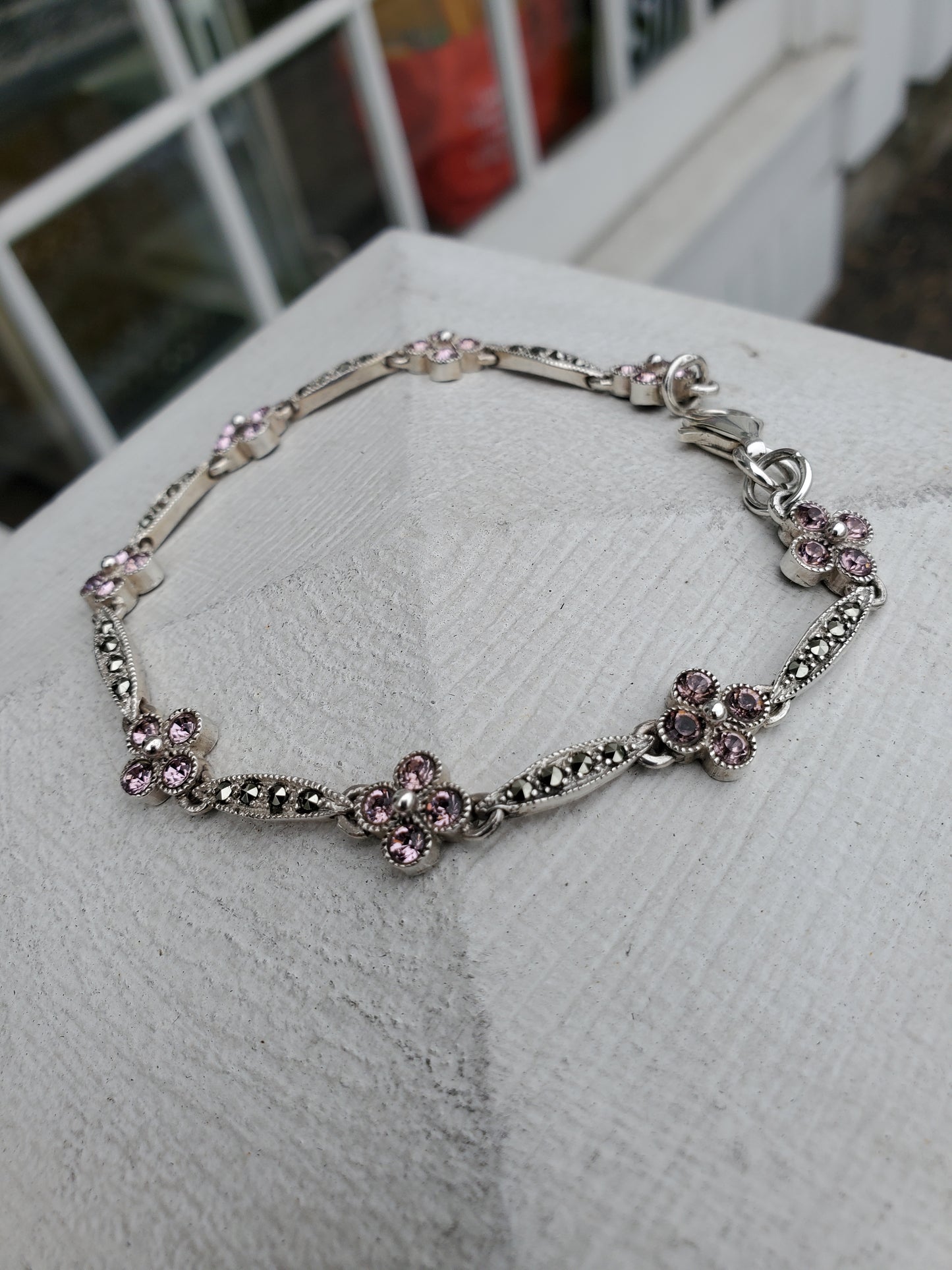 925 Sterling Silver Pink Zirconia & Marcasite Flower Bracelet 7.5”