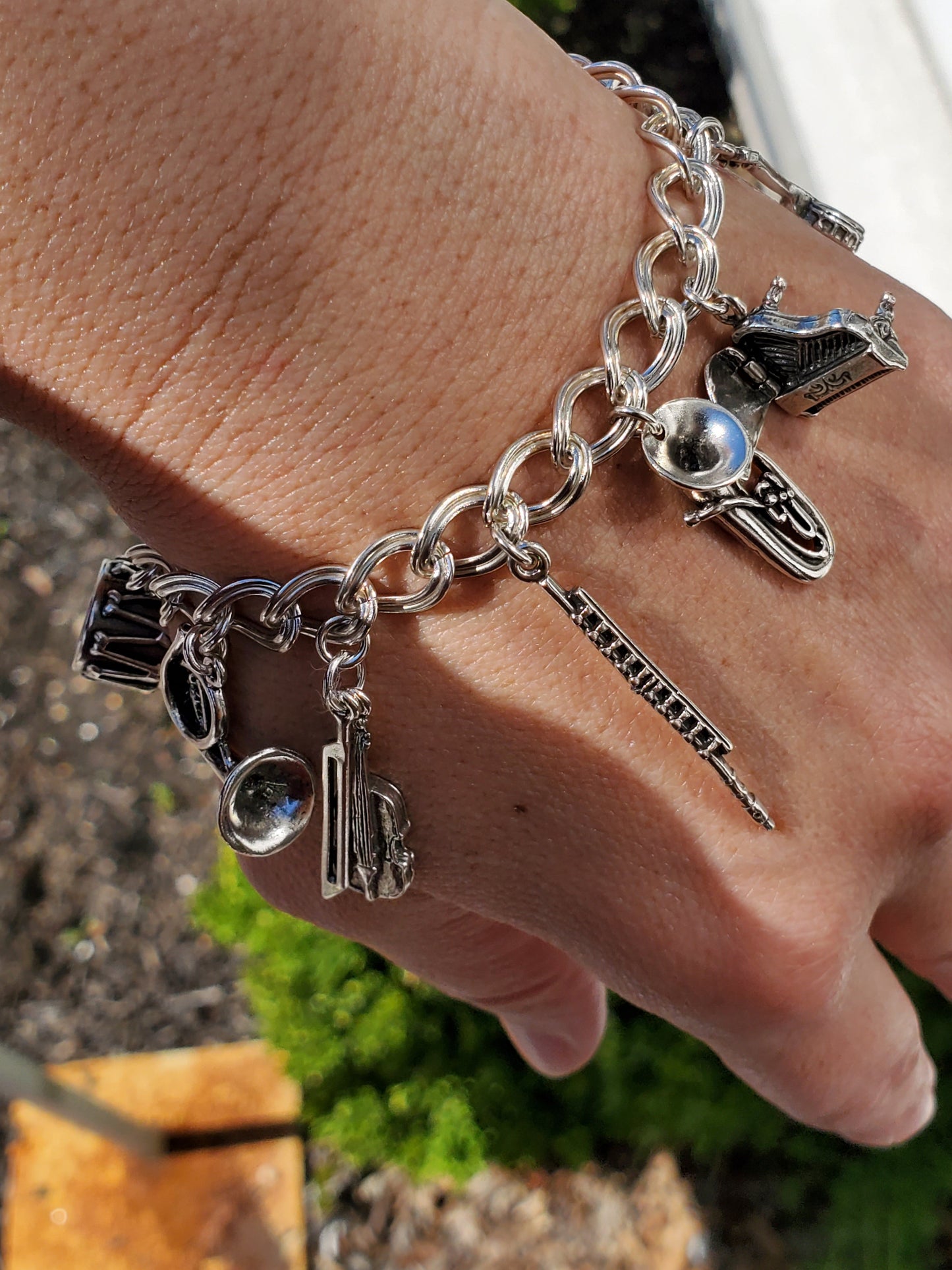 925 Sterling Silver Vintage 3D Musical Instrument Charm Bracelet