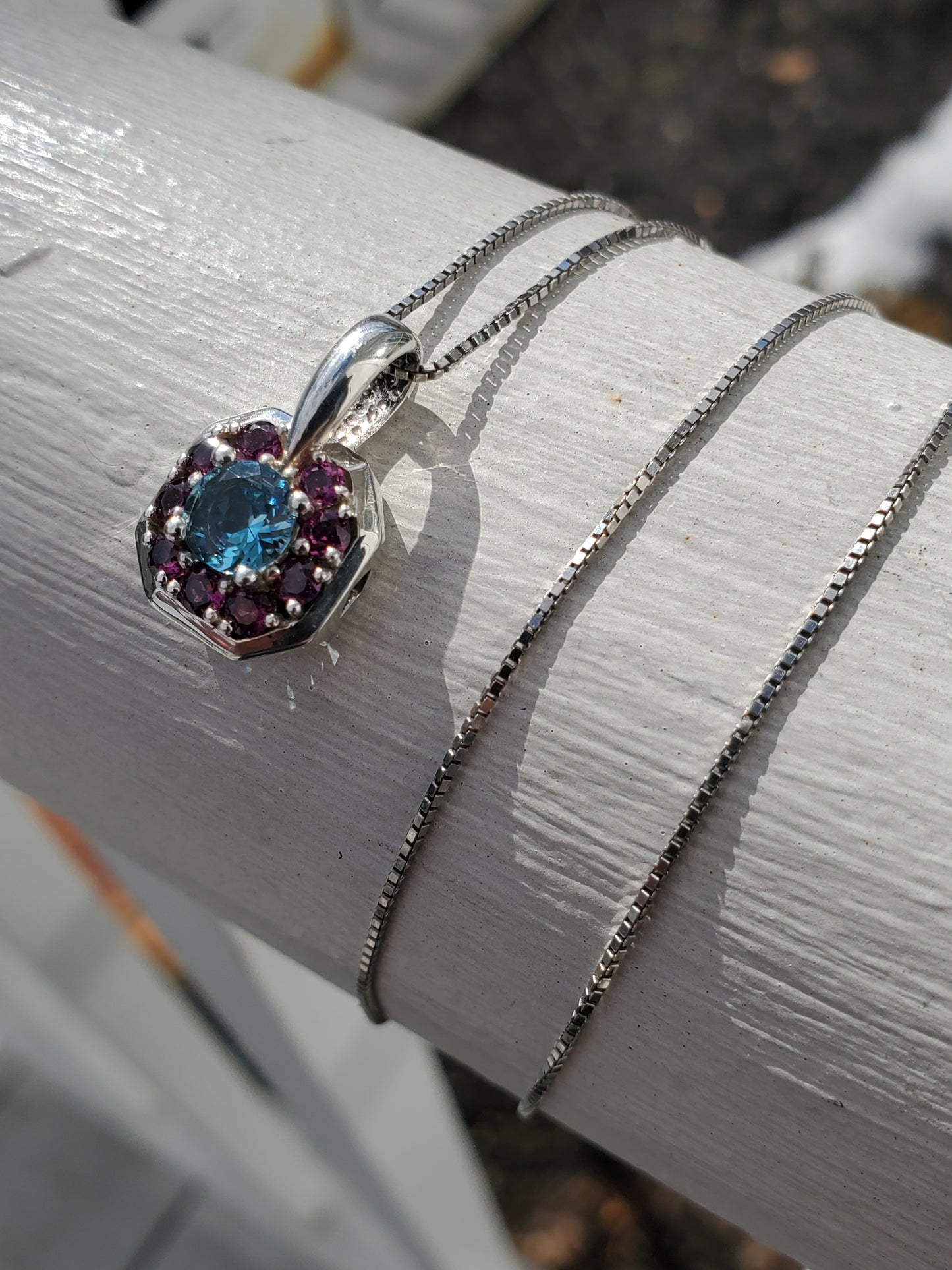 925 Sterling Silver Blue Topaz & Amethyst Octagon Cluster Necklace