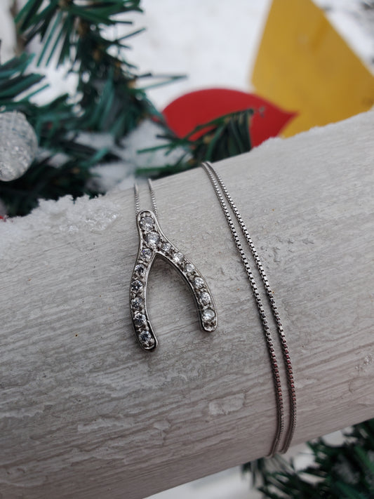 925 Sterling Silver Sparkling Wishbone Zirconia CZ Pendant Charm Necklace