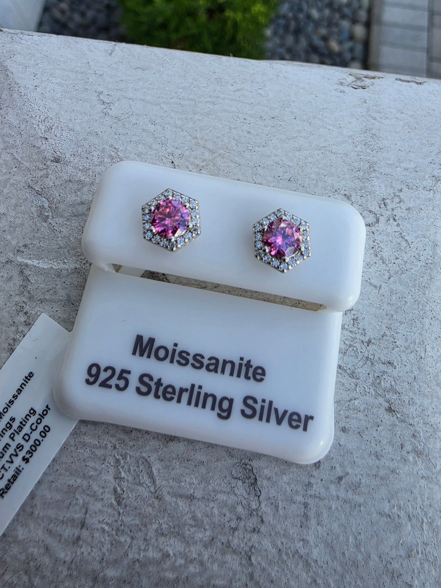 925 Sterling Silver Pink & Clear Moissanite Hexagonal Stud Earrings