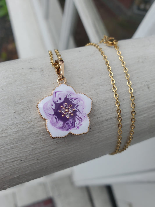 Stainless Steel Gold Plated Purple & White Enamel Floral Flower Necklace