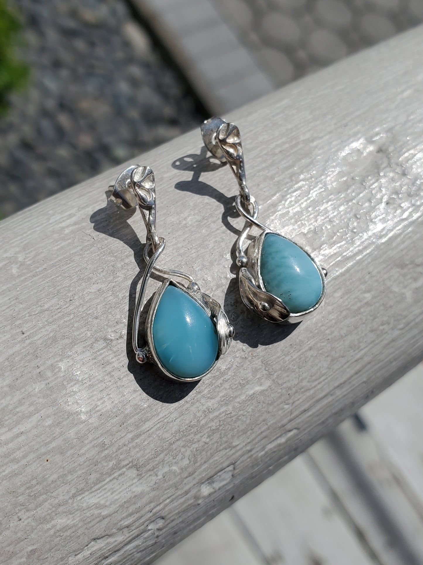 925 Sterling Silver Floral Larimar Dangling Earrings