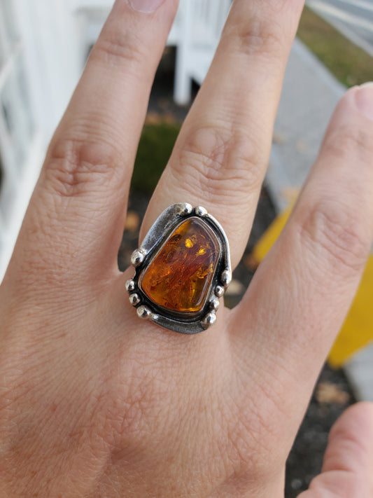 925 Sterling Silver Designer Stan Davidson Natural Amber Beaded Ring