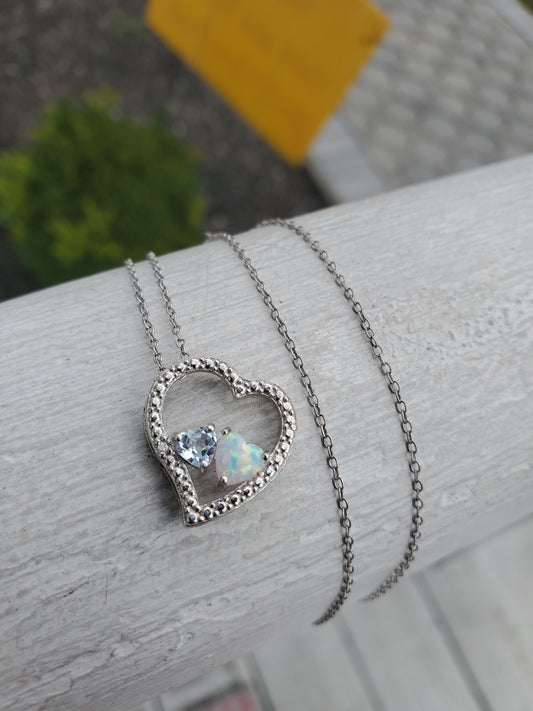 925 Sterling Silver Aquamarine & Opal Open Heart Pendant Necklace