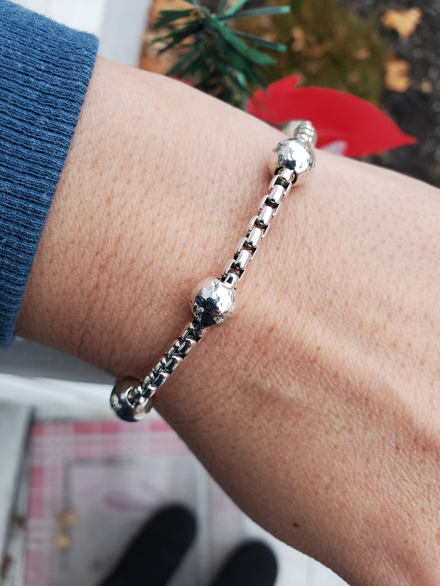 925 Sterling Silver Designer John Hardy JAI Hammered Design Beaded Cable Link Chain Bracelet