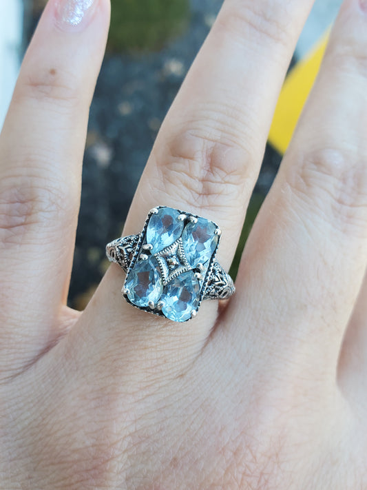 925 Sterling Silver Antique Genuine Aquamarine Grid Filagre Design Setting