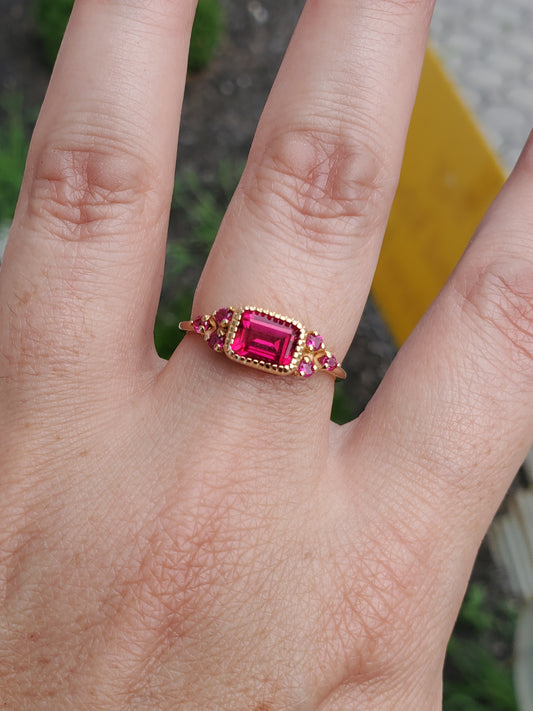 925 Sterling Silver Vermeil Simulated Ruby Emerald Cut Ring