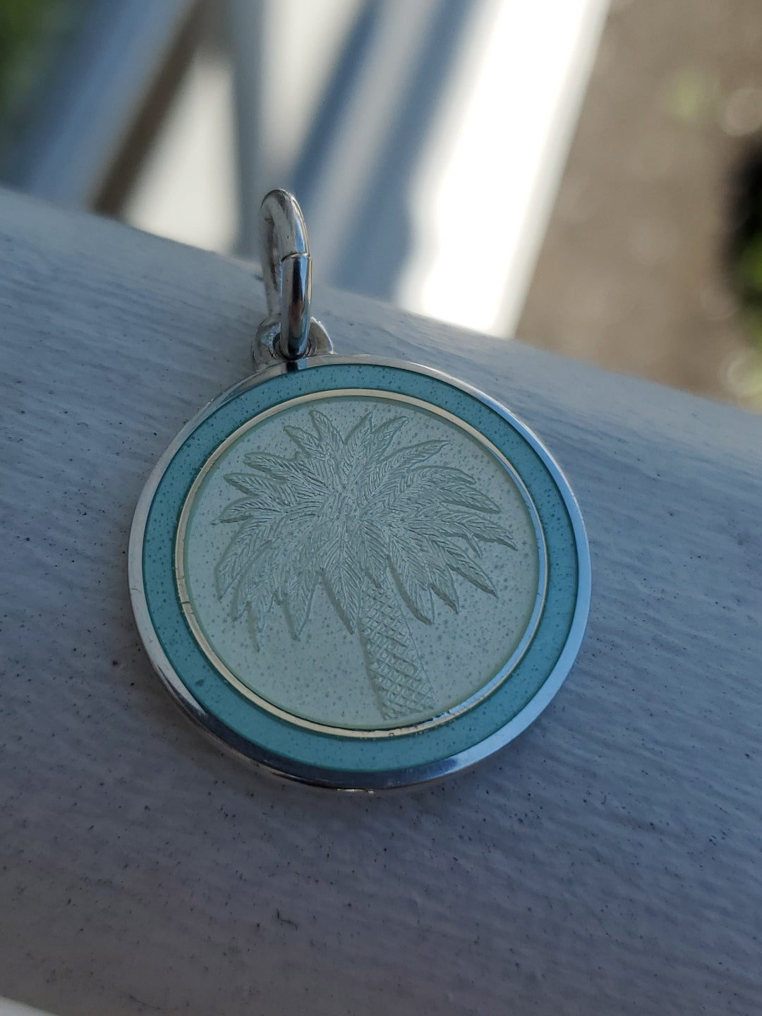 COLBY DAVIS Palm Tree Sterling Silver Enamel Pendant Light Blue 925 No Shoes Req