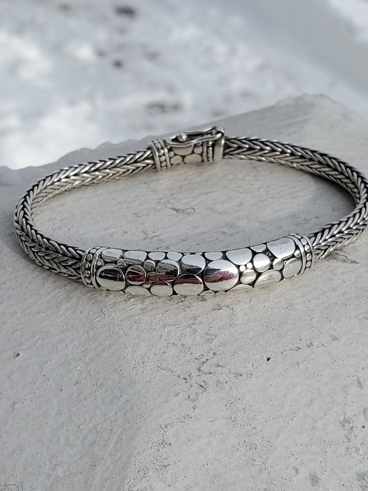 925 Sterling Silver Designer Sarda Kali Heavy Woven Textured Pebble Bar Bracelet