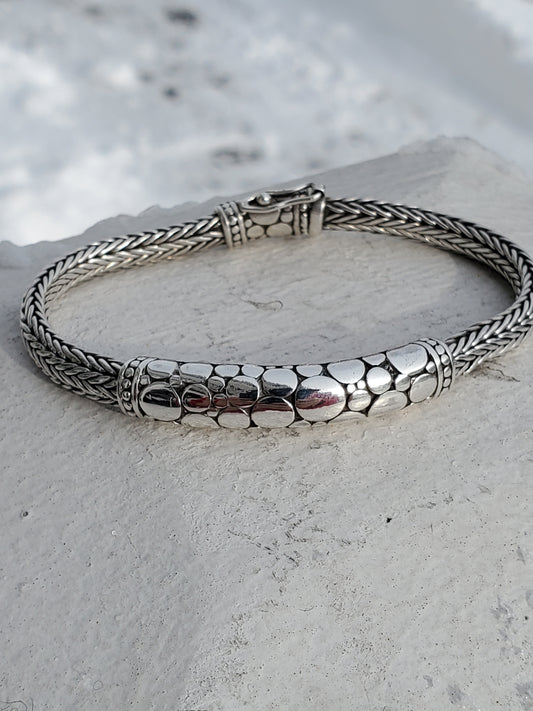 925 Sterling Silver Designer Sarda Kali Heavy Woven Textured Pebble Bar Bracelet