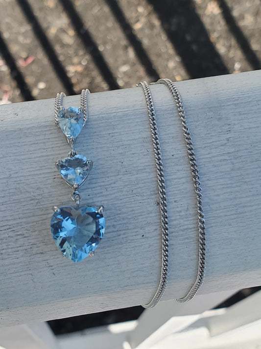 925 Sterling Silver "Ice Queen" 3-Tier Blue Topaz Heart Drop Necklace