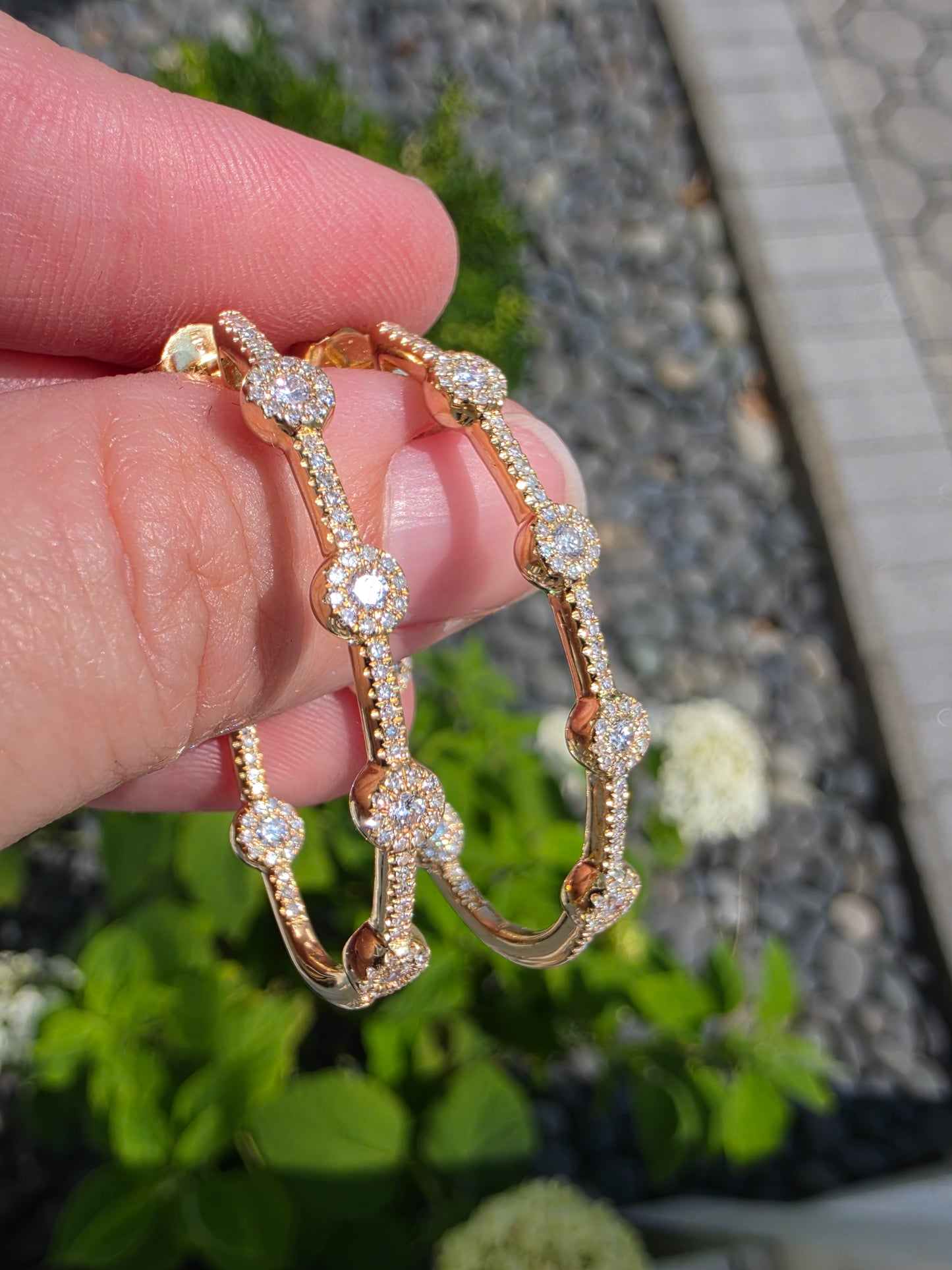 14k Solid Gold 3/4 Pave Oval Oblong Natural Diamond Hoop Earrings