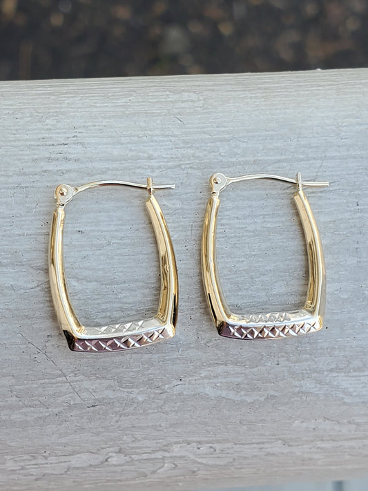 14k Solid Gold Two-Tone Rectangular Diamond Cut Hoop Earrings