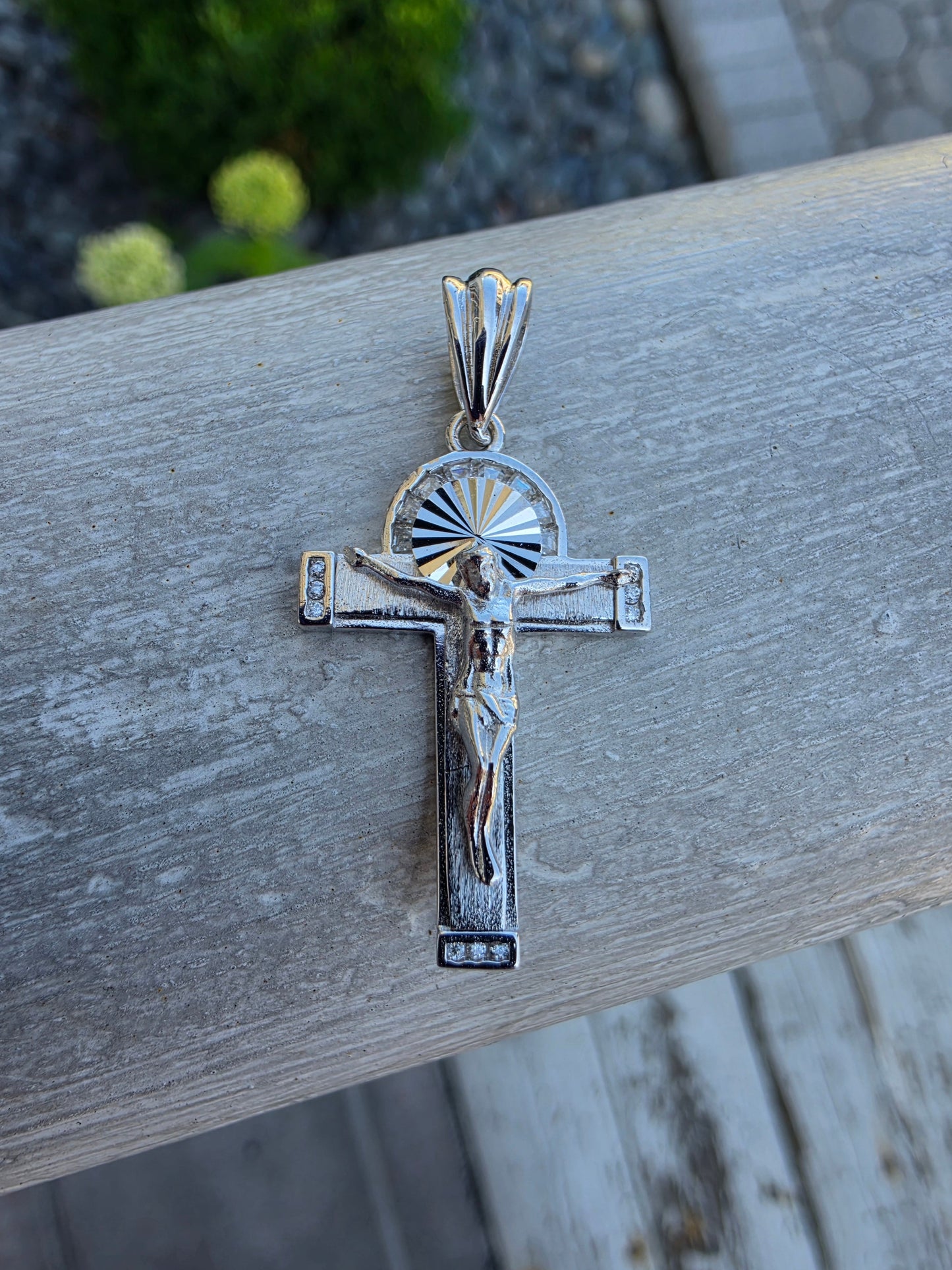 925 Sterling Silver Crucifix Cross Charm Pendant w/ White Spinel Baguette Cut Gemstones