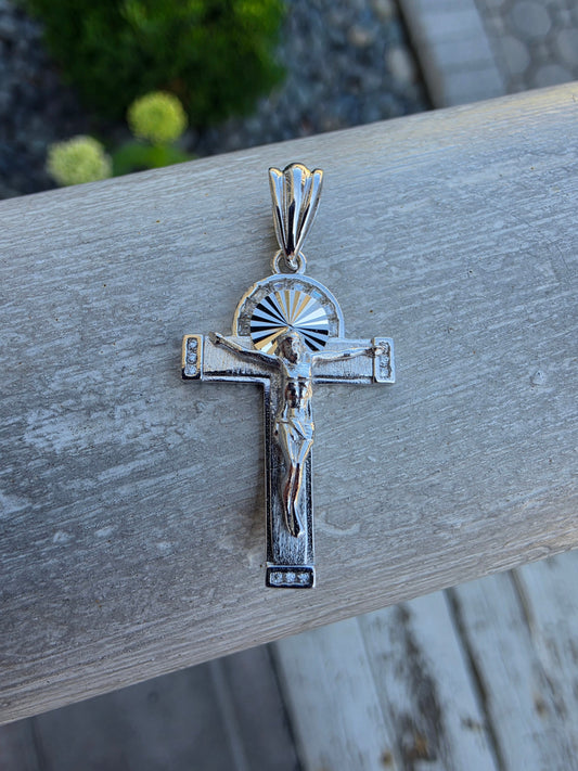 925 Sterling Silver Crucifix Cross Charm Pendant w/ White Spinel Baguette Cut Gemstones