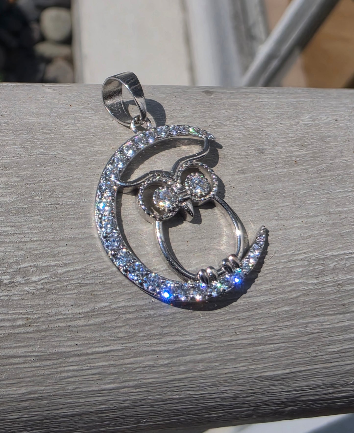 925 Sterling Silver Crescent Moon Owl White Spinel Pendant