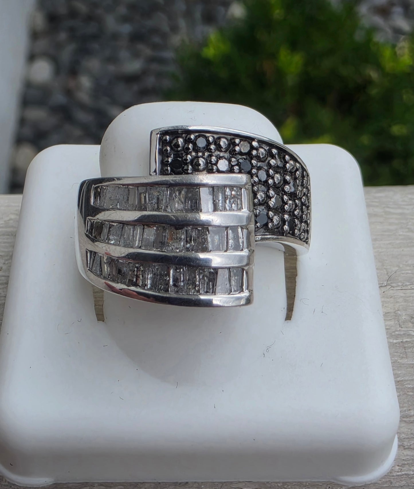 925 Sterling Silver 1.50tcw Natural White Baguette & Black Diamond OTC International Bypass Design Ring
