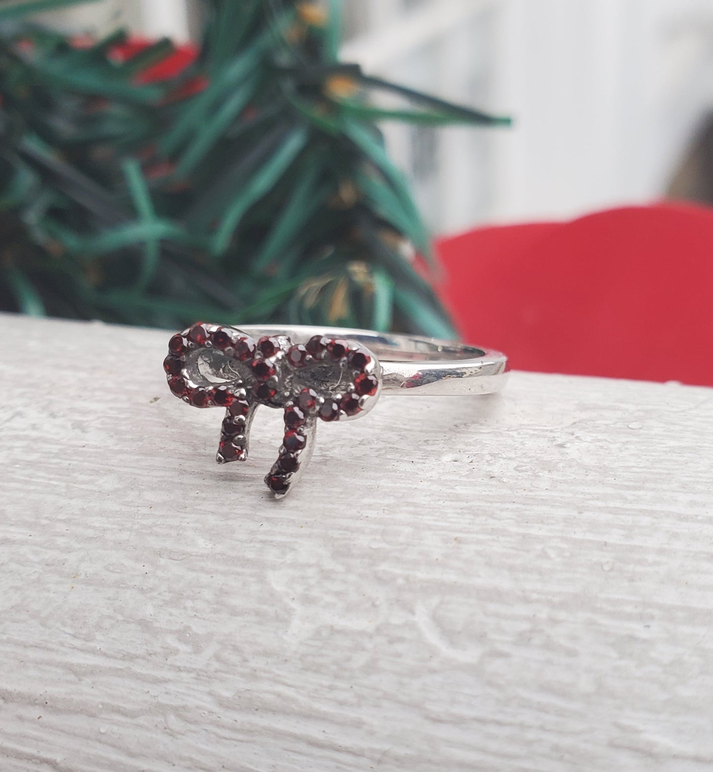 925 Sterling Silver Red Garnet Holiday Bow Ring