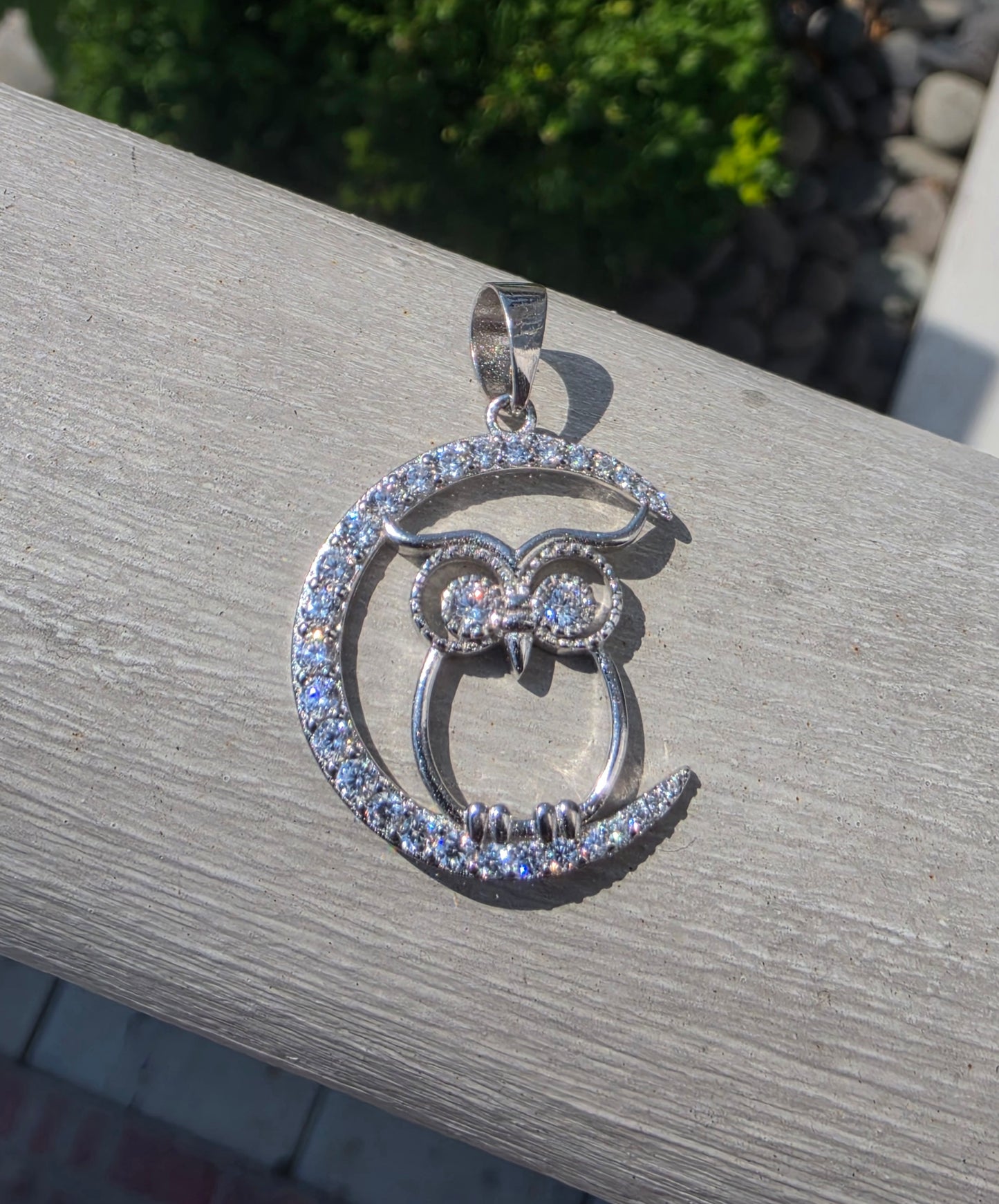 925 Sterling Silver Crescent Moon Owl White Spinel Pendant
