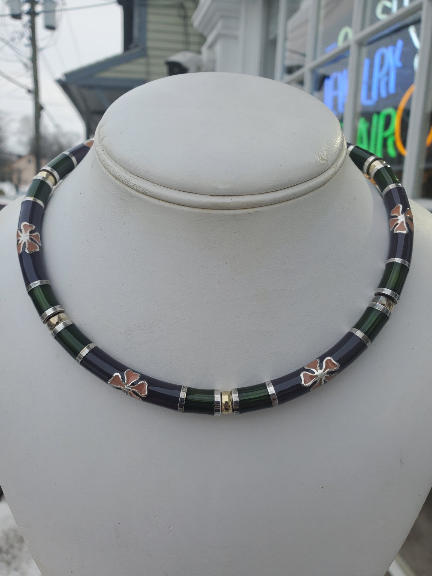925 Sterling Silver Designer GASTON LEBO Flower Enamel Chocker Necklace