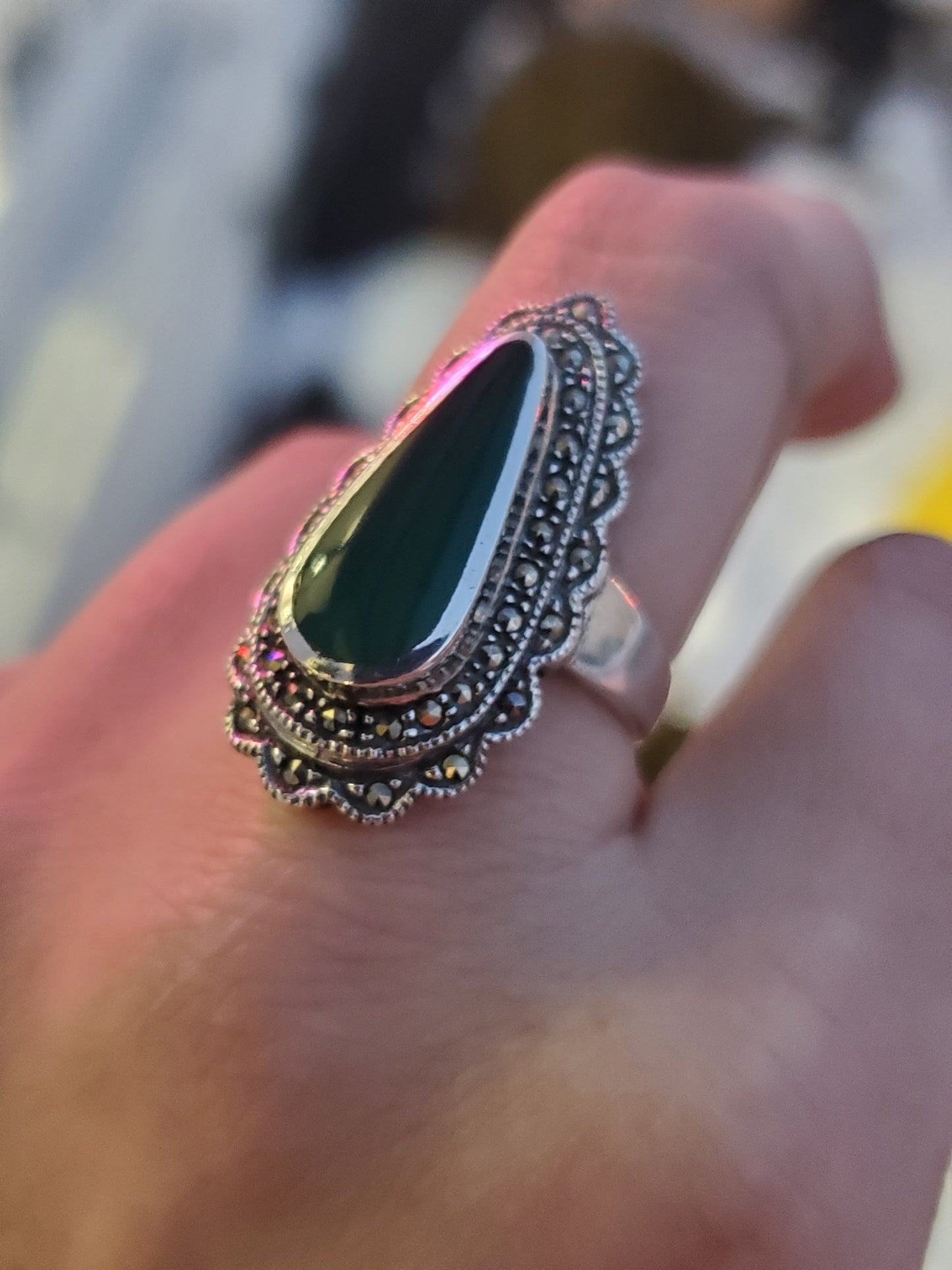 925 Sterling Silver Custom Cut Green Onyx & Marcasite Ring Size 8