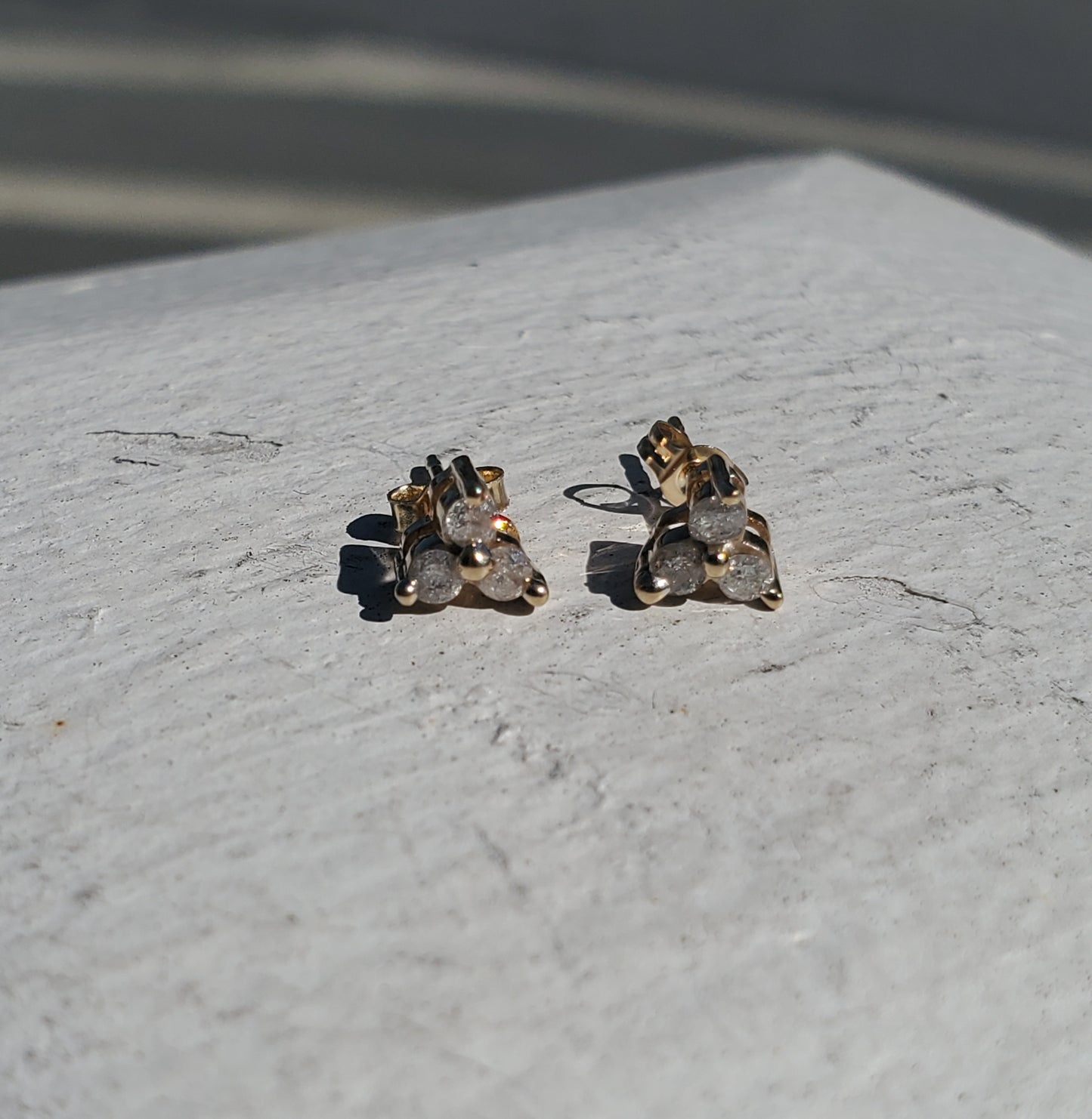14k Solid Gold Genuine Diamond Tripolo Cluster Stud Earrings