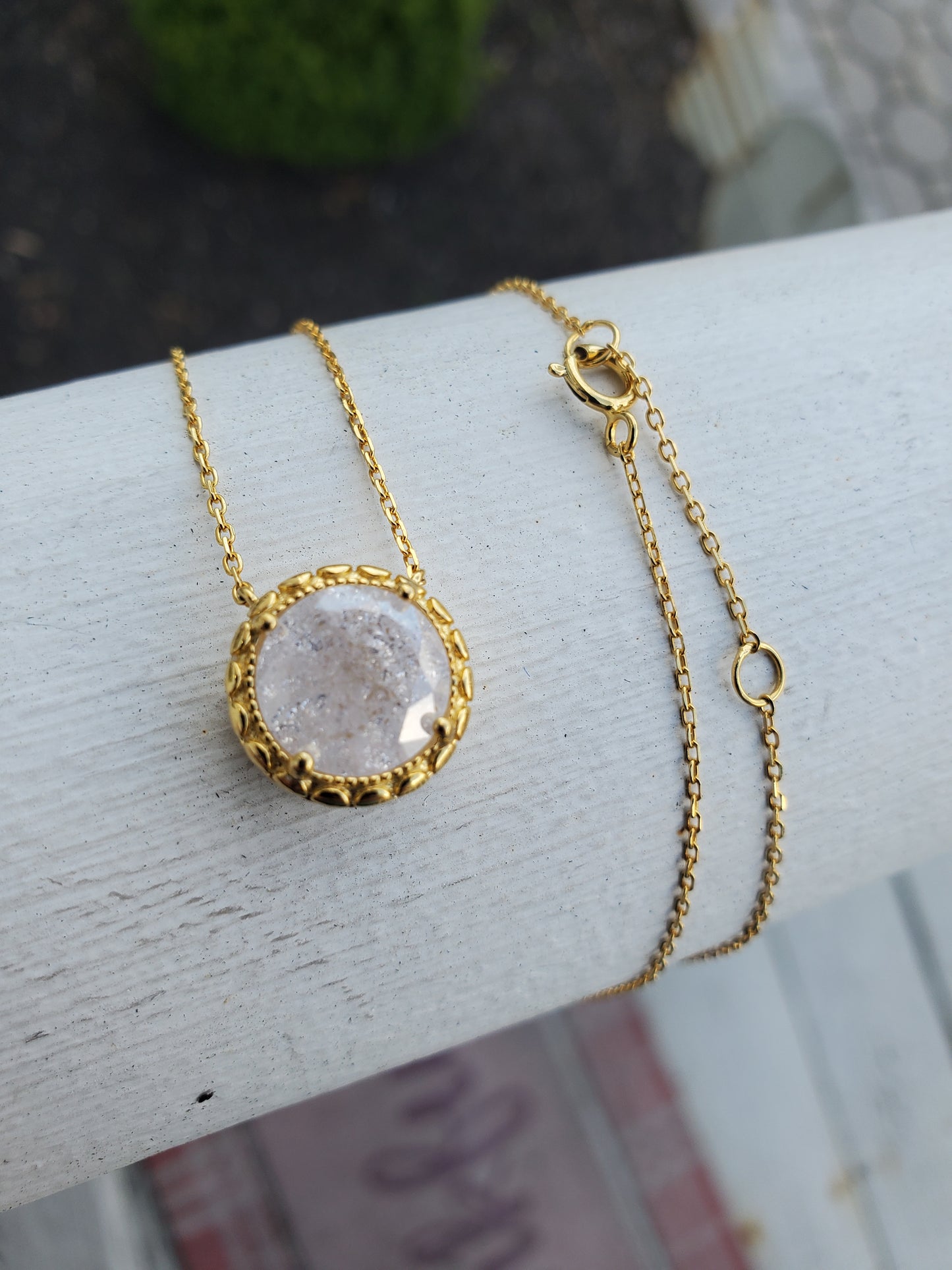 925 Sterling Silver Vermeil Rock Crackle Quartz Crystal Necklace