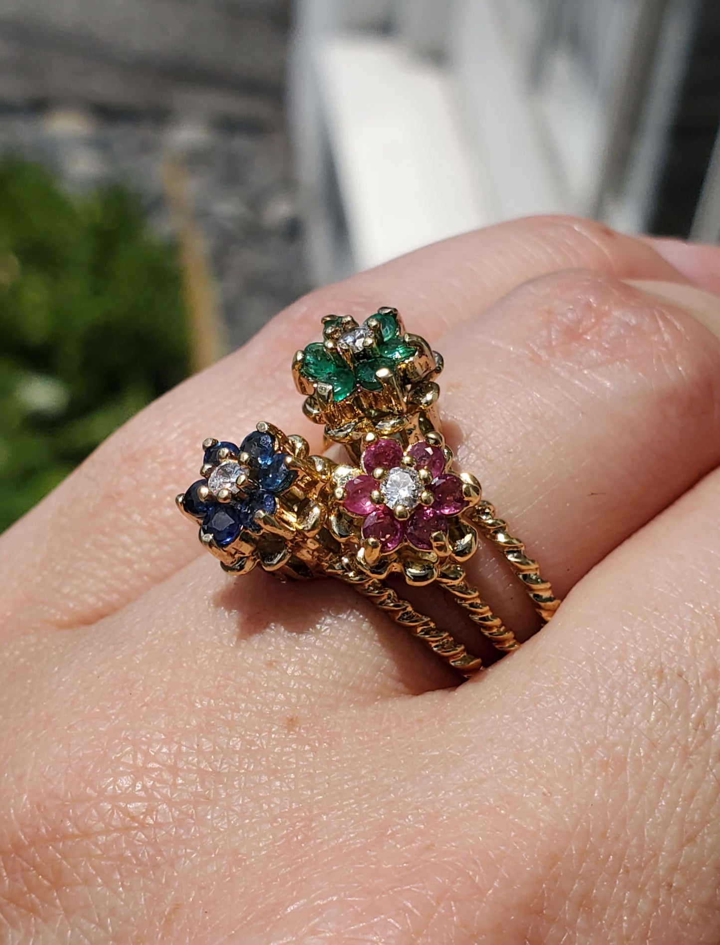 925 Sterling Silver Vermeil Natural Sapphire, Ruby, Emerald, & Diamond Flower Stack Rings