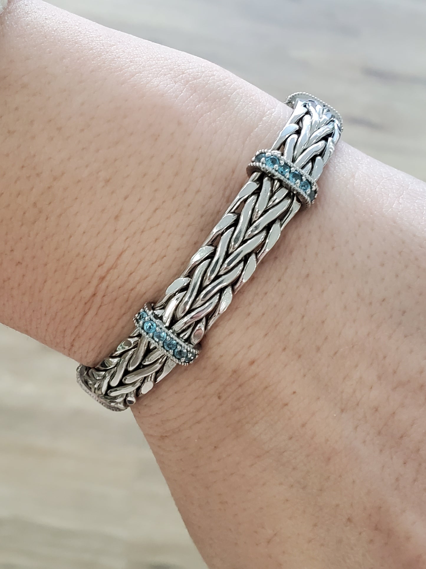 925 Silver Blue Topaz Station Woven Braided Bracelet 7”