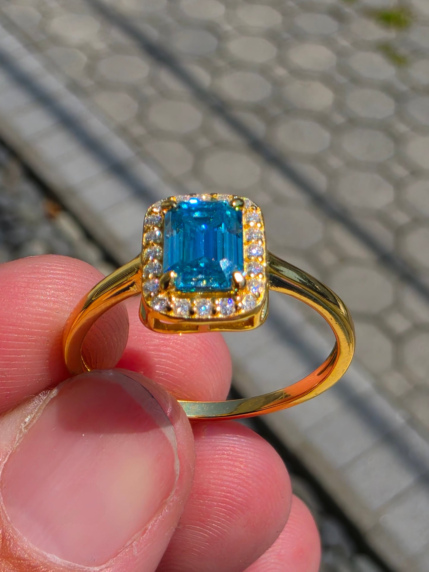 925 Sterling Silver 18k Vermeil Arctic Blue Emerald Cut Moissanite Ring w/Rlear Moissanite Halo