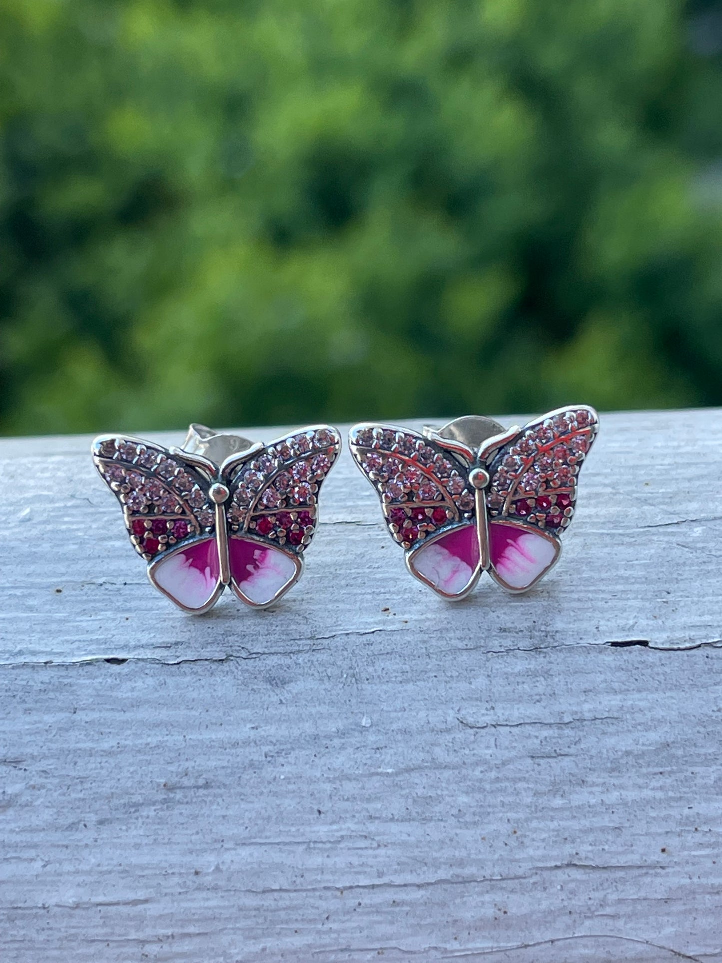 Sterling silver 925 pink enamel cz butterfly earrings