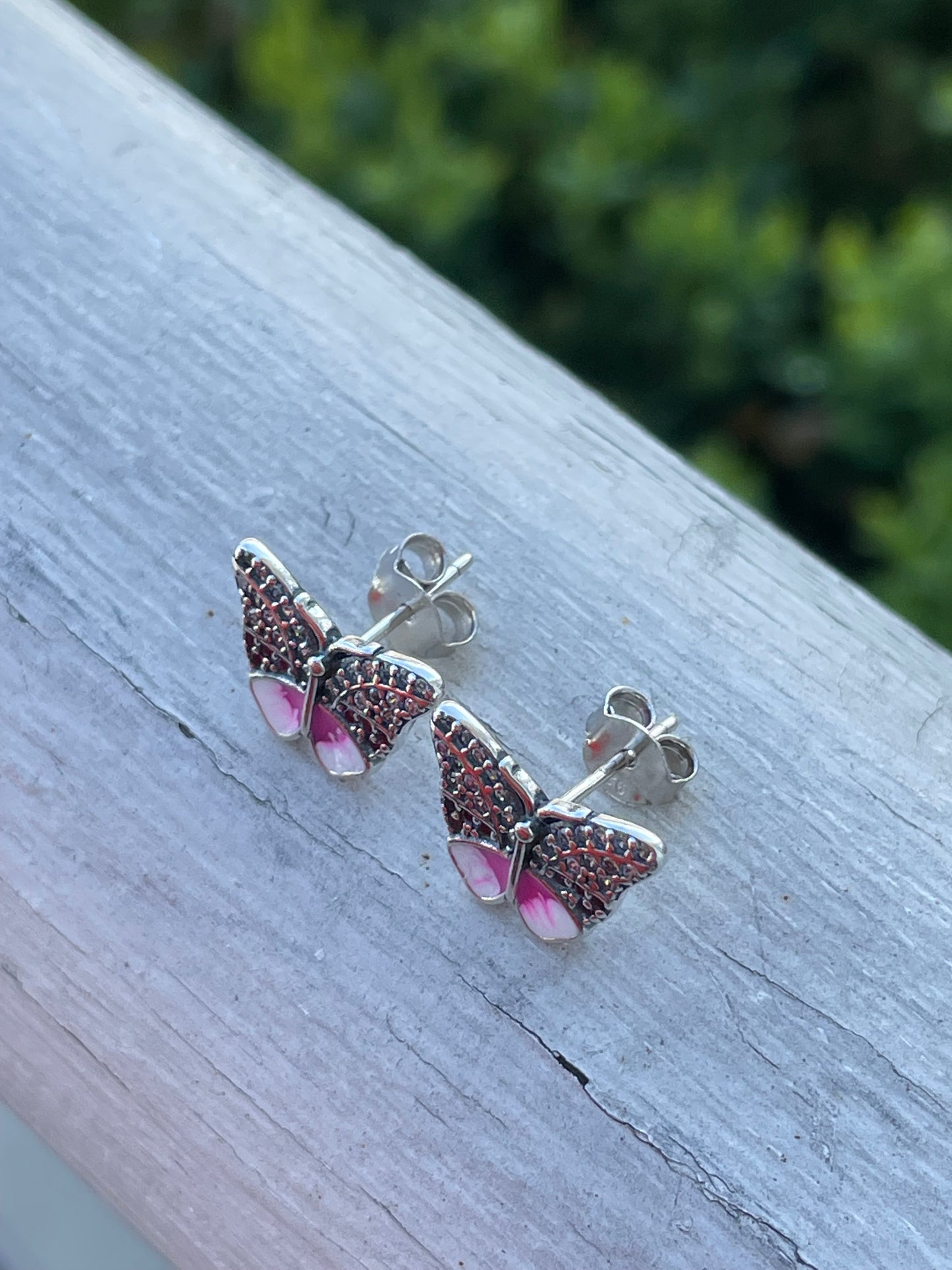 Sterling silver 925 pink enamel cz butterfly earrings