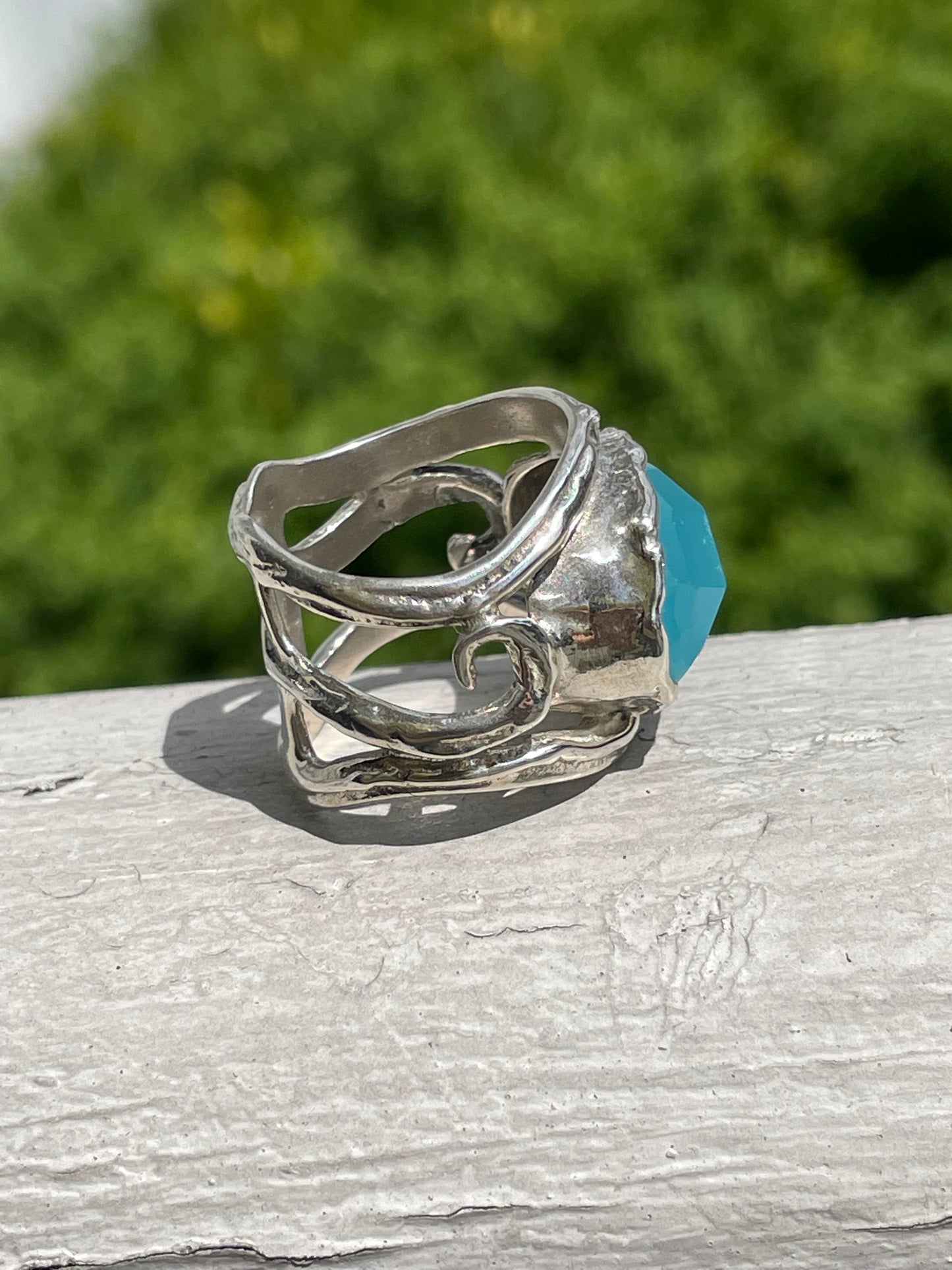 Designer TL 925 sterling silver blue chalcedony serpent ring